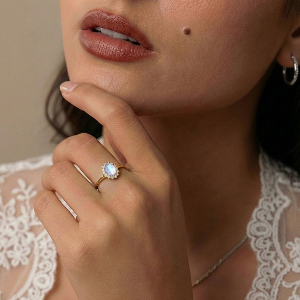 Princess Diana Inspired Rainbow Moonstone June Birthstone Halo Ring in Sterling Silver with 18K Vermeil Yellow Gold 7343996 2