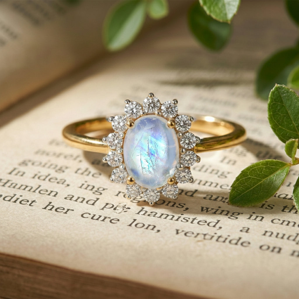 D'Joy - Rainbow Moonstone & Natural Zircon Halo Ring in 18K Vermeil Yellow Gold Plated Sterling Silver 1.18 Ct_7343996_4