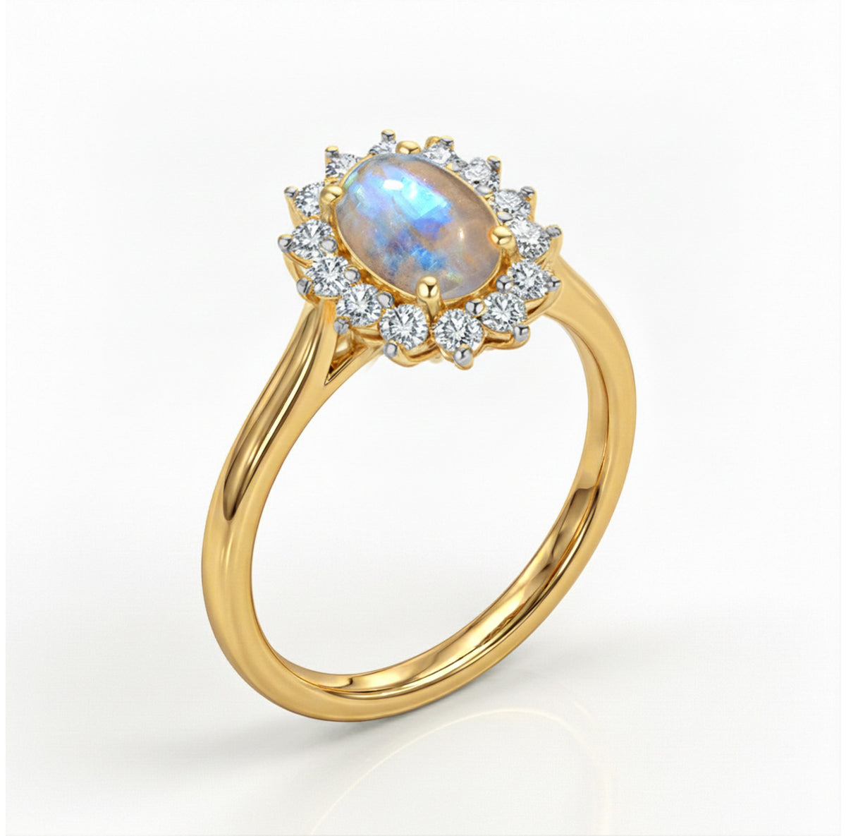Princess Diana Inspired Rainbow Moonstone June Birthstone Halo Ring in Sterling Silver with 18K Vermeil Yellow Gold 7343996 9