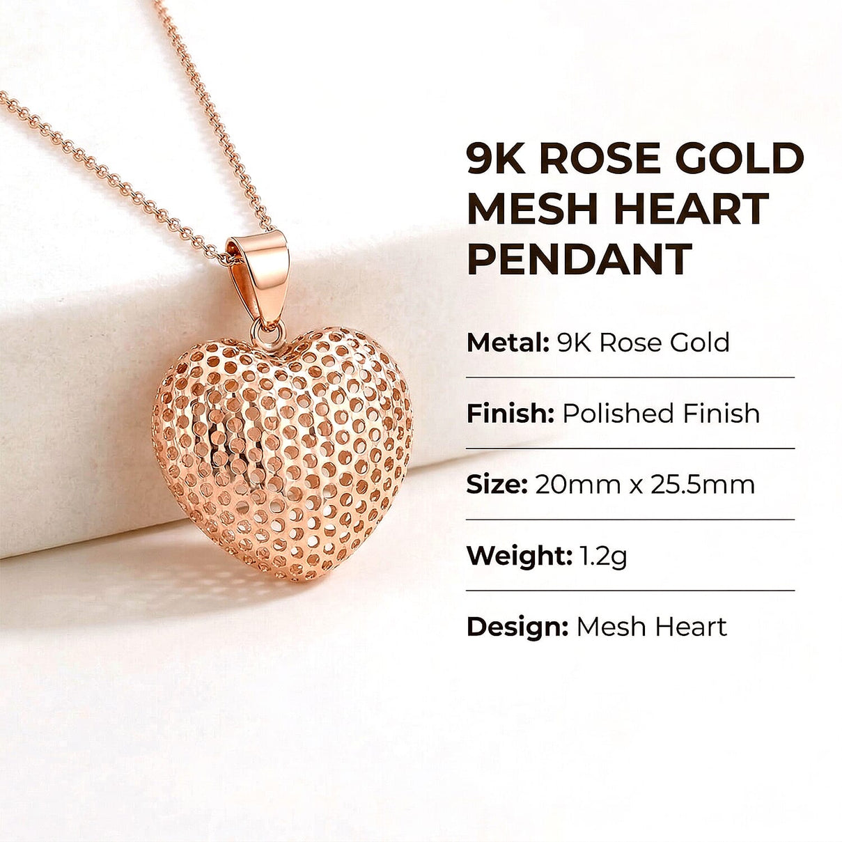 9K Rose Gold 20mm x 20mm Mesh Heart 20mm x 25.5mm Pendant 7344160 4
