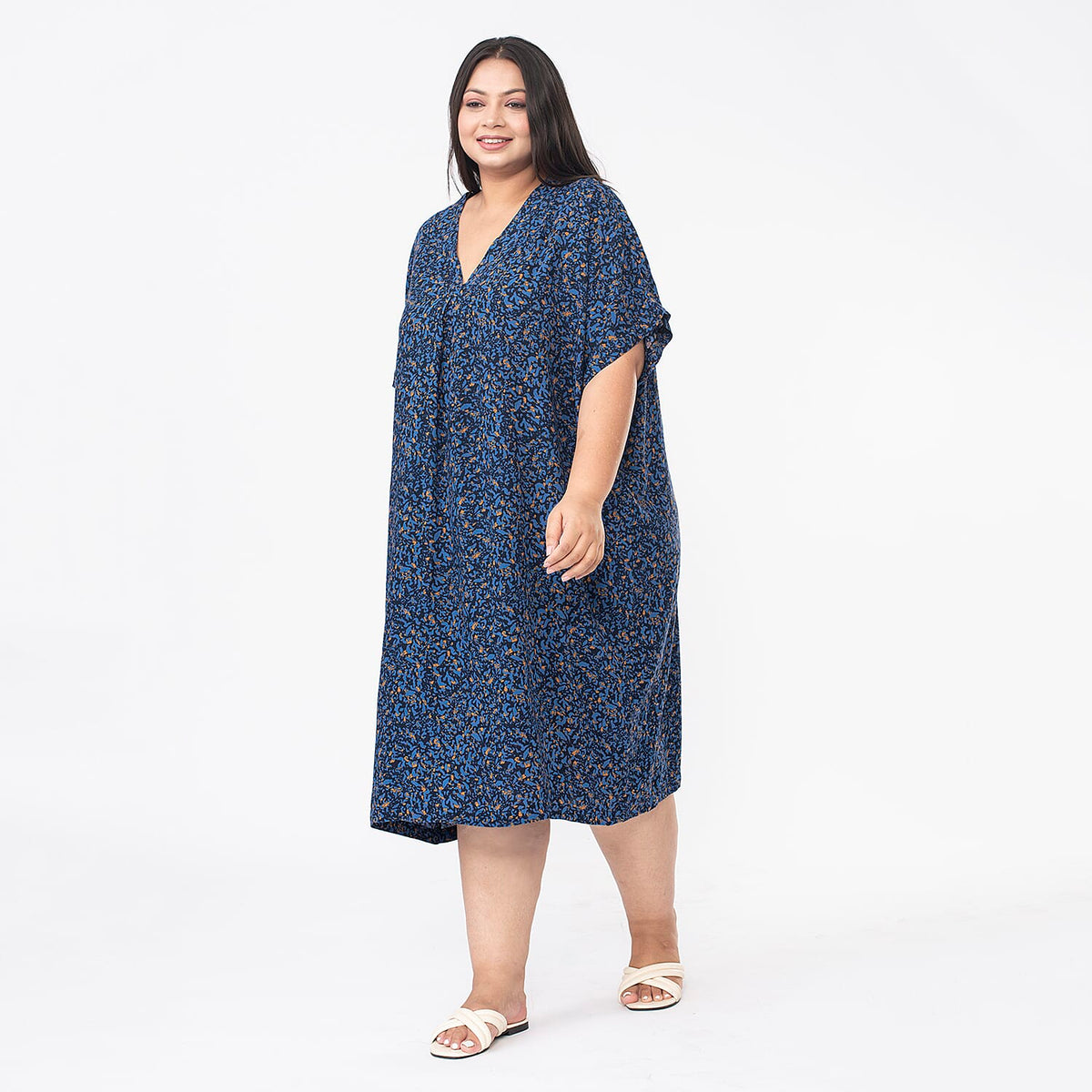 TAMSY V Neck Kaftan Midi Dress  - Navy V32565600 3
