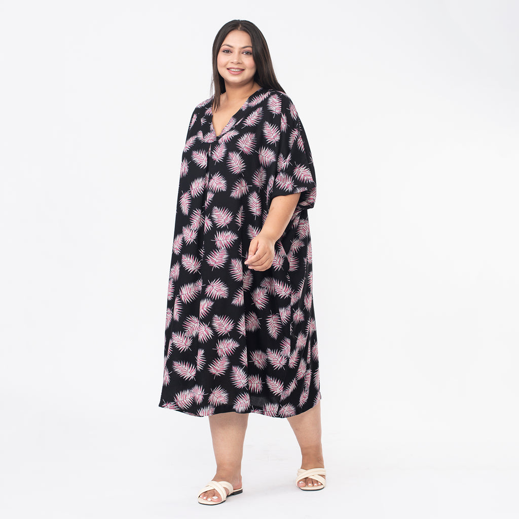 Tamsy V Neck 100% Viscose Midi Dress (One Size 8-18) - Black_7346143_2