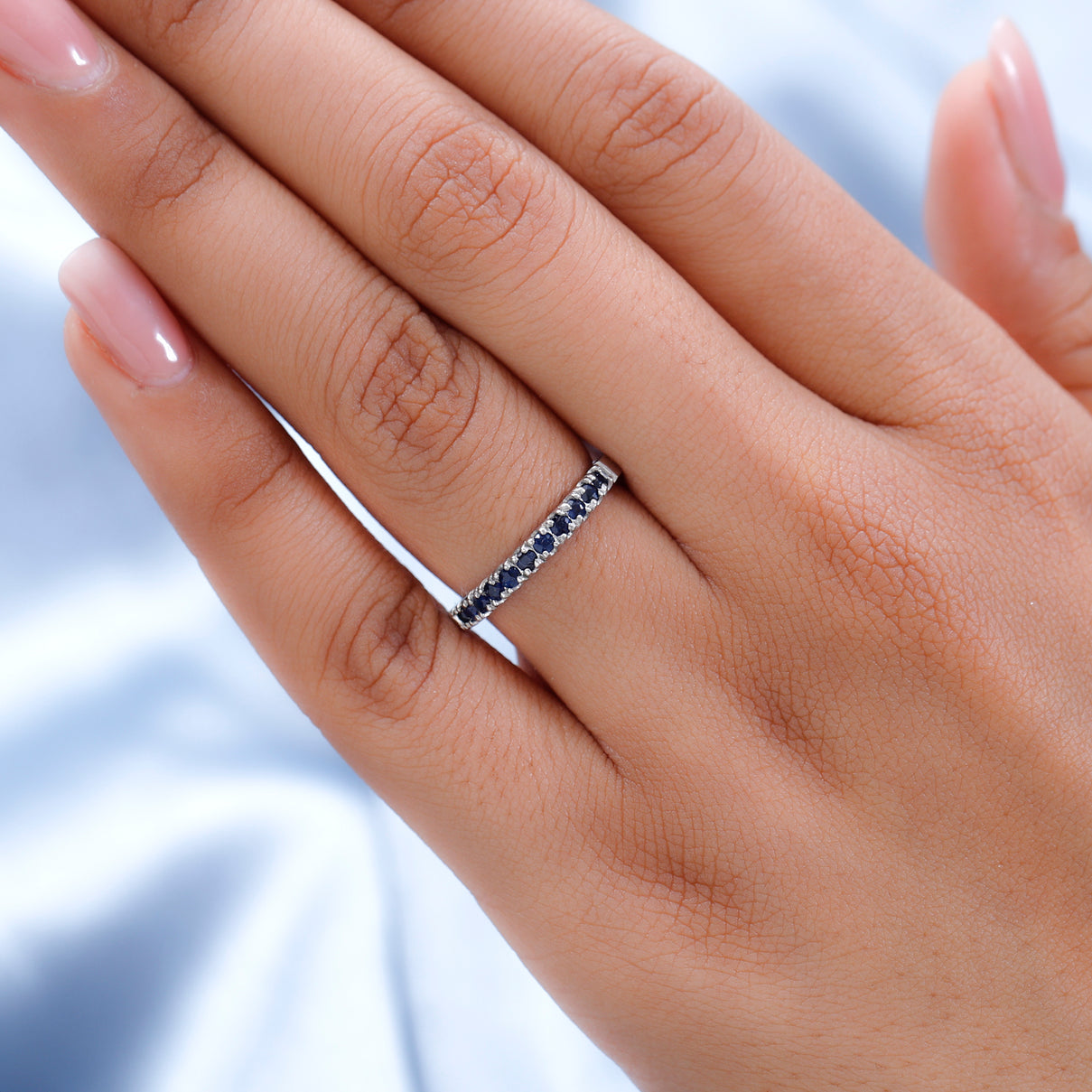 0.50 Ct Blue Sapphire Half Eternity Sleek Wedding Band Ring in Sterling Silver with Platinum Plating 7347072 3