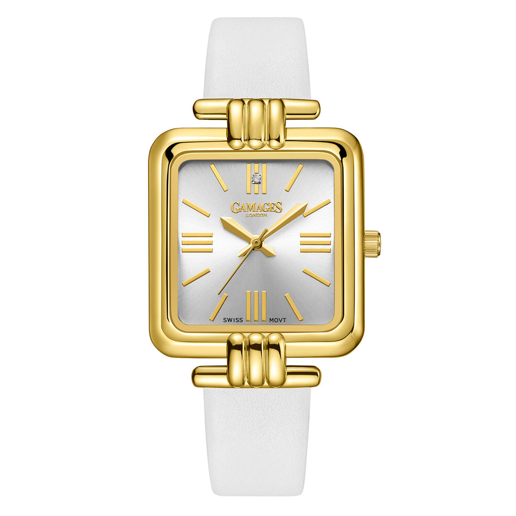 Gamages Of London Ladies Arctic Grey Dial Diamond Studded Swiss Movt. Water Resistant Watch with White Leather Strap_7364050