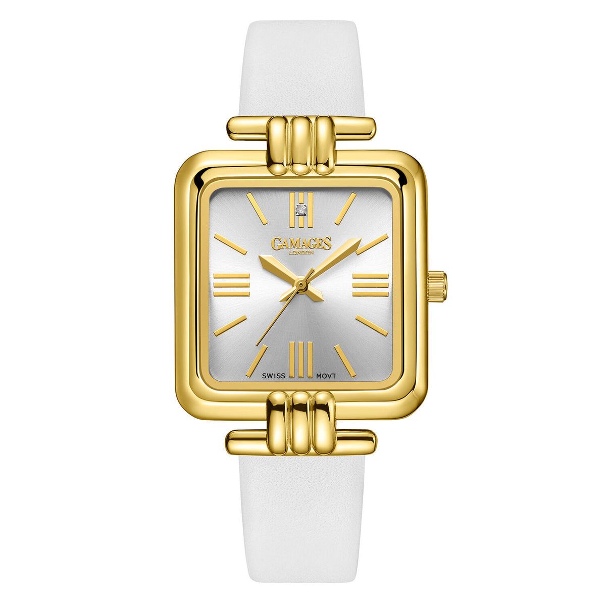 Gamages Of London Ladies Arctic Grey Dial Diamond Studded Swiss Movt. Water Resistant Watch with White Leather Strap V32528170 0