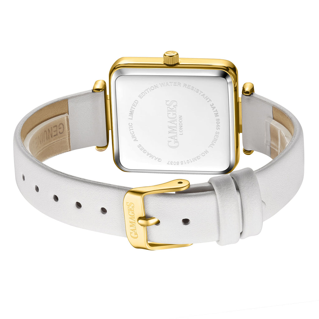 Gamages Of London Ladies Arctic Grey Dial Diamond Studded Swiss Movt. Water Resistant Watch with White Leather Strap_7364050_4