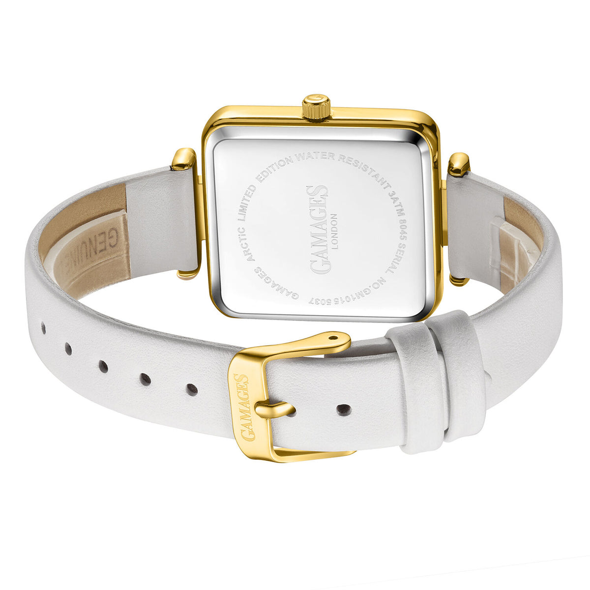 Gamages Of London Ladies Arctic Grey Dial Diamond Studded Swiss Movt. Water Resistant Watch with White Leather Strap V32528170 4