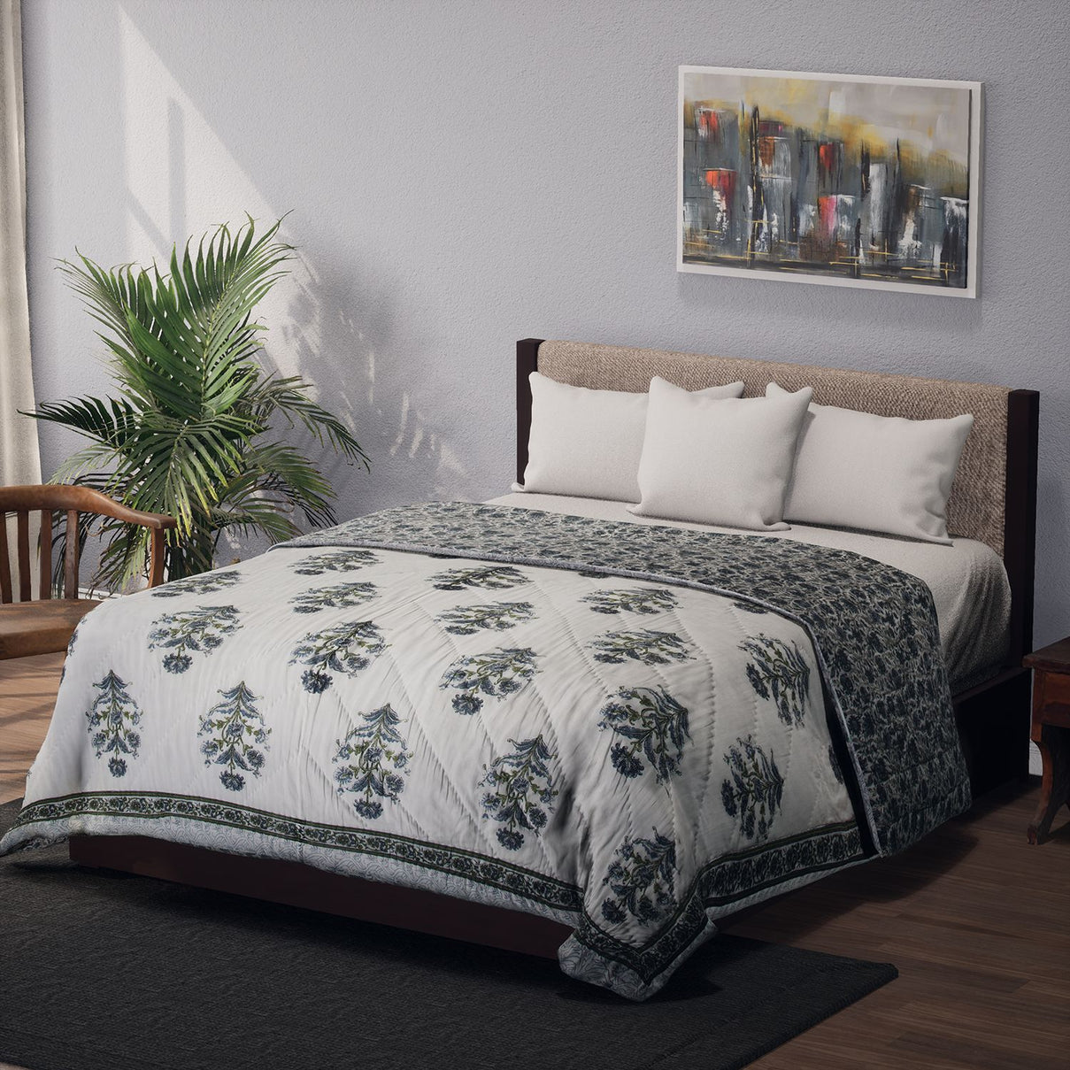 One Time Deal- 100% Cotton SANGANER Printed Quilt Comes with Bag (Double Size, 200x200 cm) - Blue &amp; Green 7370419 0