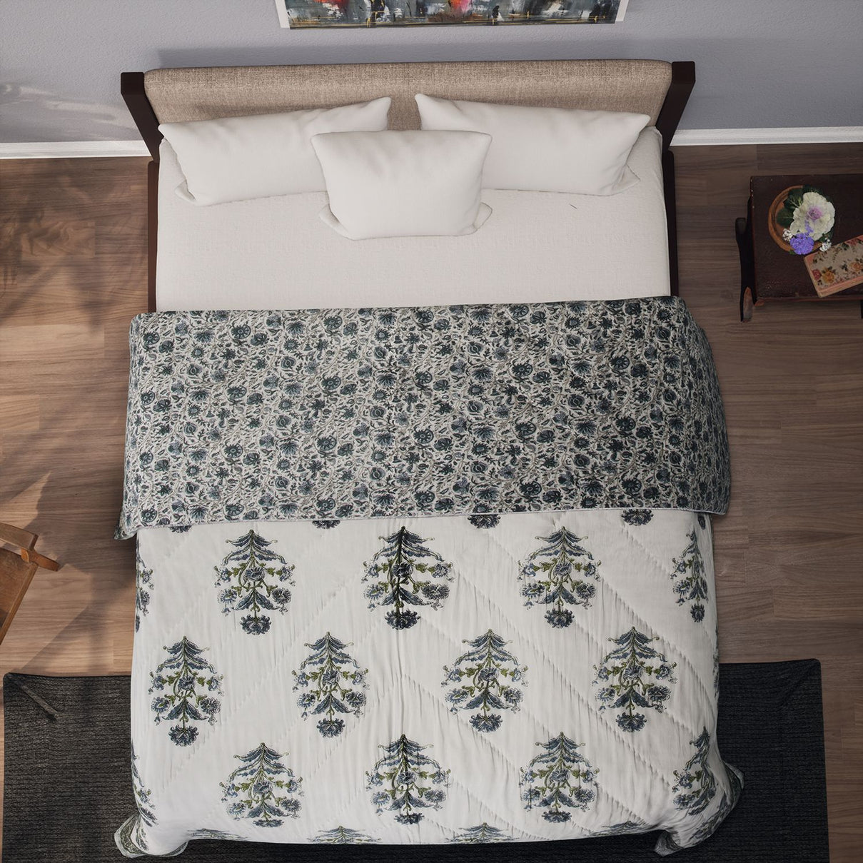 One Time Deal- 100% Cotton SANGANER Printed Quilt Comes with Bag (Double Size, 200x200 cm) - Blue &amp; Green 7370419 3