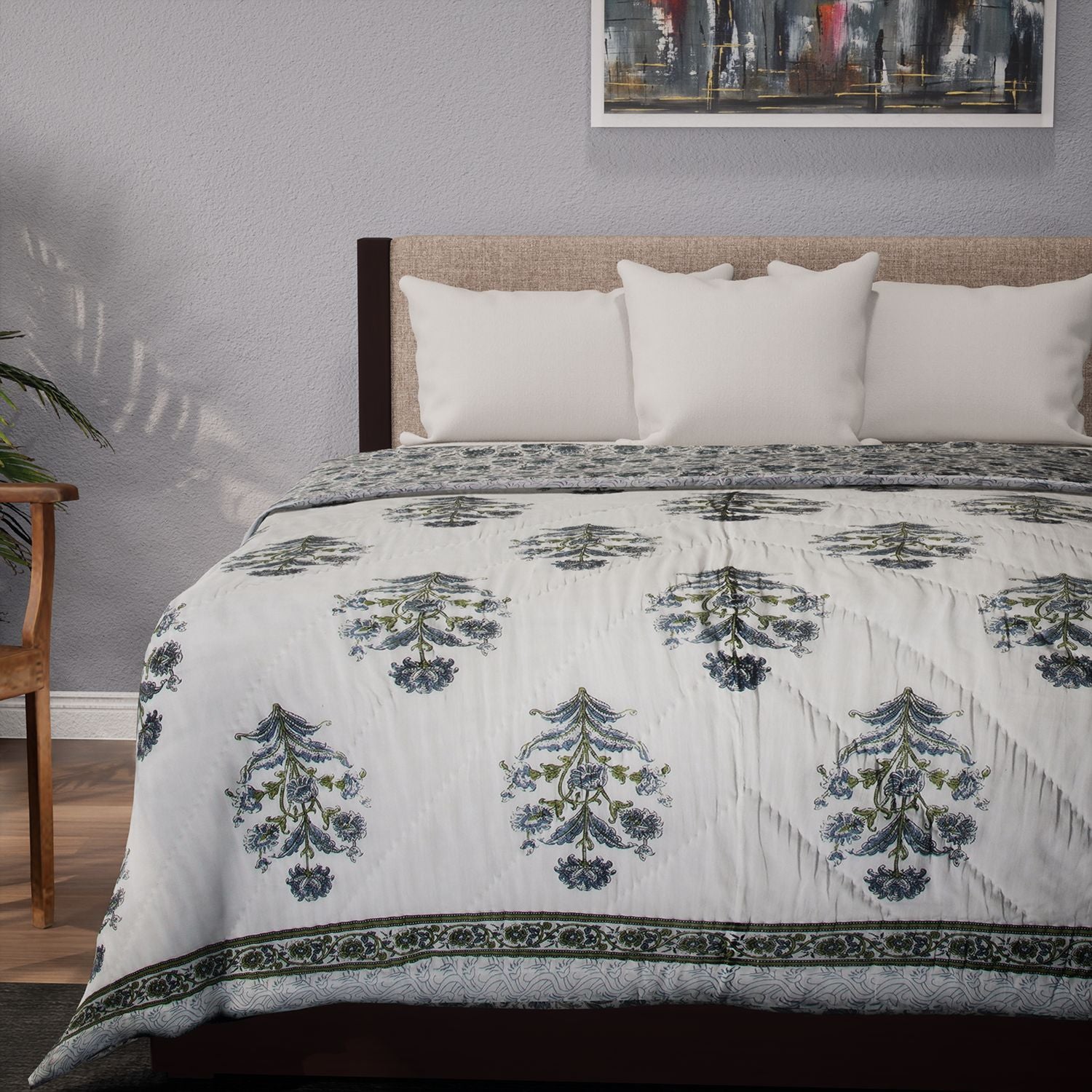 One Time Deal- 100% Cotton SANGANER Printed Quilt Comes with Bag (Double Size, 200x200 cm) - Blue &amp; Green 7370419 4