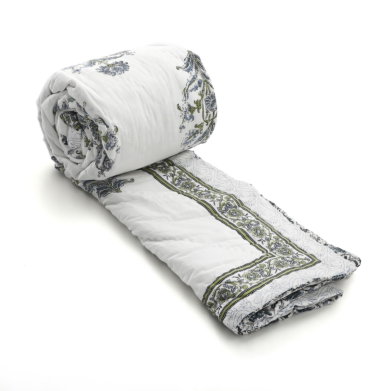 One Time Deal- 100% Cotton SANGANER Printed Quilt Comes with Bag (Double Size, 200x200 cm) - Blue &amp; Green 7370419 6