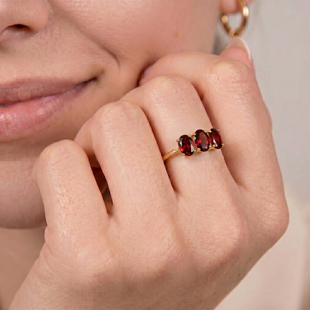 Royal Bali Collection - D'Joy Mozambique Garnet Trilogy Ring in 18K Vermeil Yellow Gold Plated Sterling Silver 1.60 Ct._7442105_5