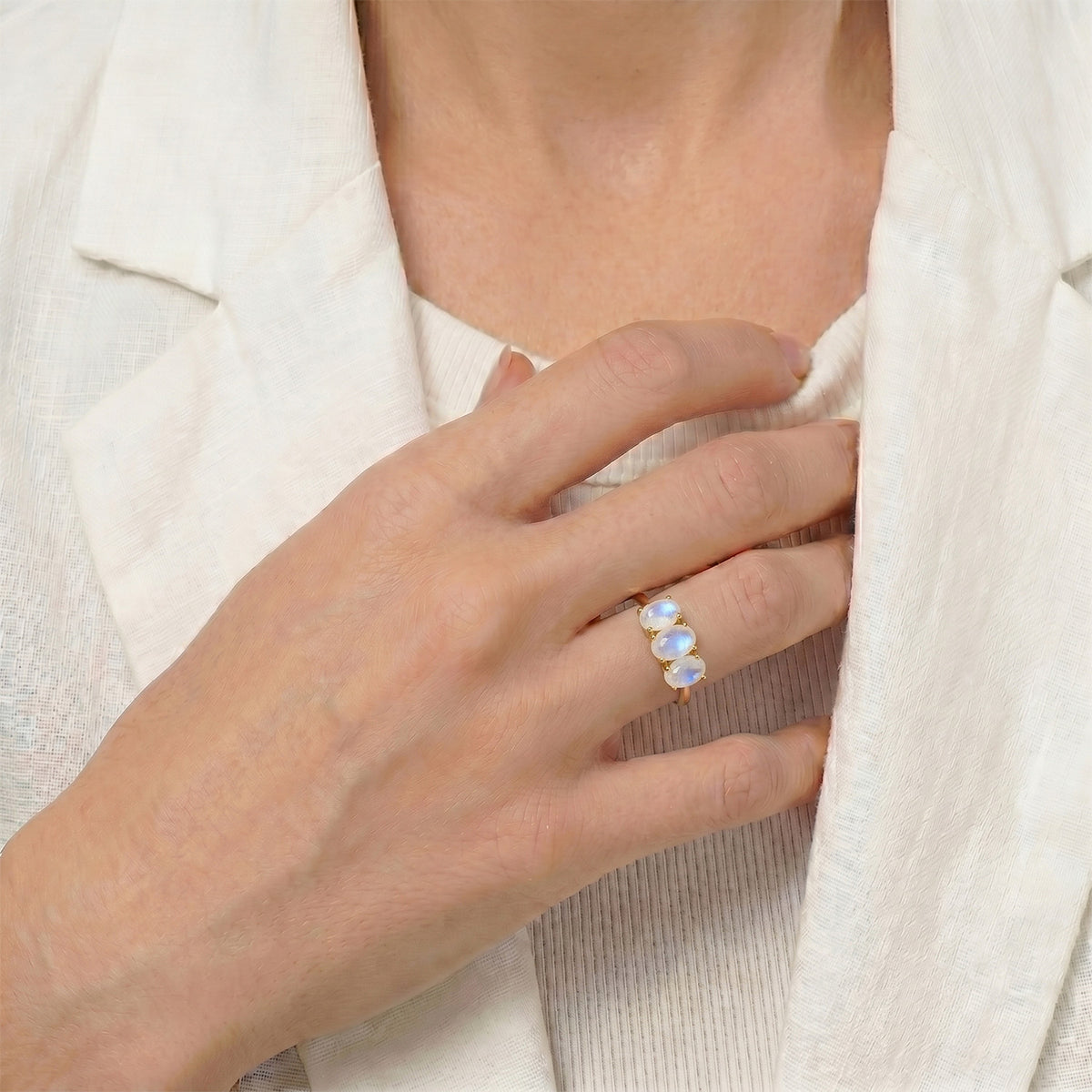 Rainbow Moonstone Trilogy Ring in 18K Vermeil Yellow Gold Over Sterling Silver 7442226 7