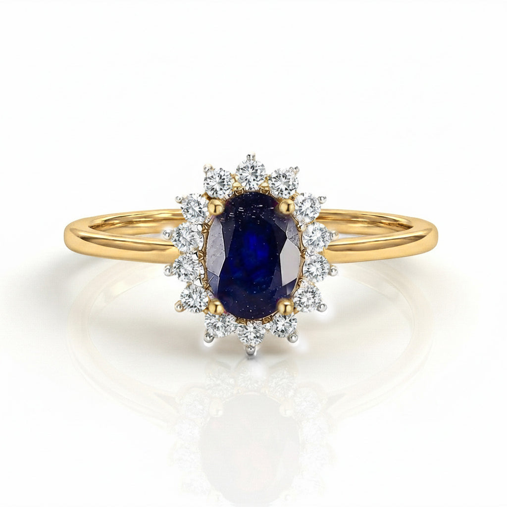 D'Joy - Masoala Blue Sapphire (FF) & Natural Zircon Halo Ring in 18K Vermeil Yellow Gold Plated Sterling Silver 1.50 Ct._7442340