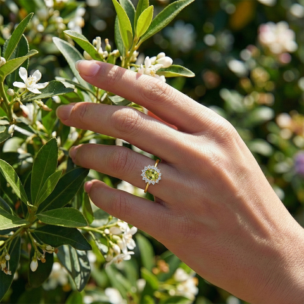 D'Joy - Hebei Peridot & Natural Zircon Halo Ring in 18K Vermeil Yellow Gold Plated Sterling Silver 1.20 Ct._7442598_2