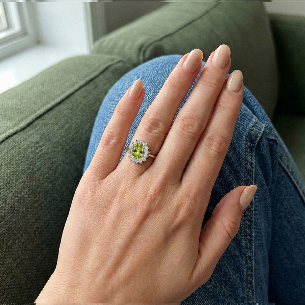 Princess Diana Inspired Hebei Peridot August Birthstone Halo Ring in Sterling Silver with 18K Vermeil Yellow Gold 7442598 4