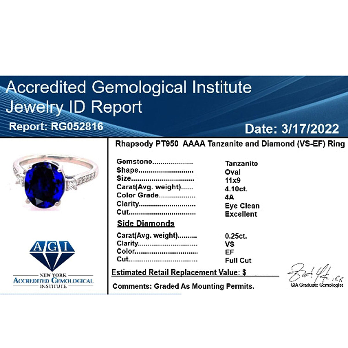 Certified &amp; Appraised RHAPSODY AAAA Tanzanite and White Diamond VS Ring 4.35 ct in 950 Platinum, Platinum Wt. 5.01 Gms 7480790 7