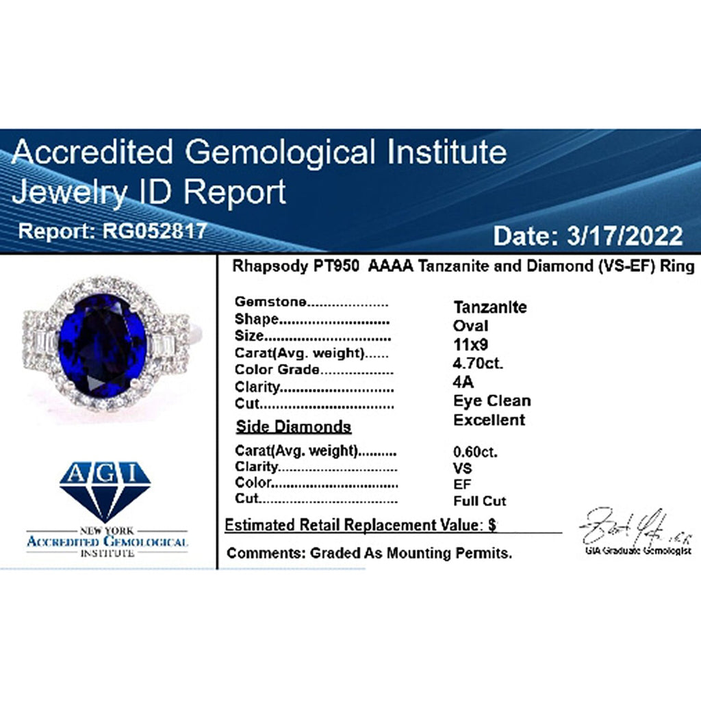 RHAPSODY 950 Platinum AGI Certified & Appraised AAAA Tanzanite and Diamond (VS-E-F) Ring 5.29 Ct, Platinum Wt. 6.04 Gms