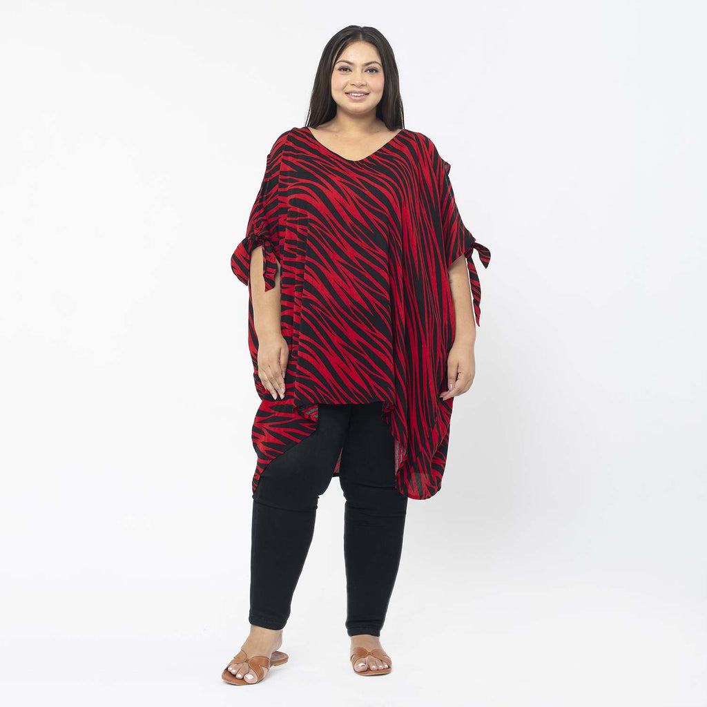 Tamsy 100% Viscose Cold Shoulder Longline Top (One Size,8-18) - Red & Black_7484967