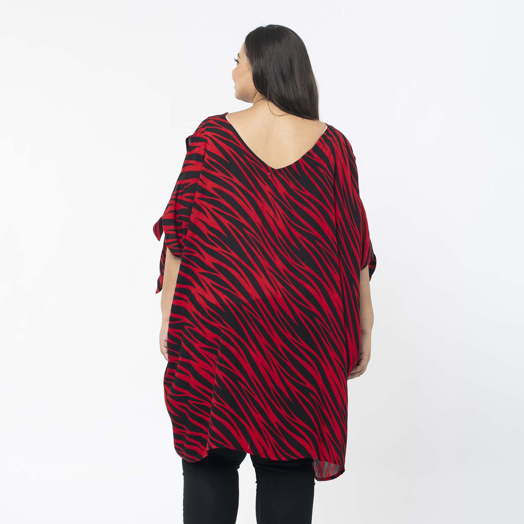 Tamsy 100% Viscose Cold Shoulder Longline Top (One Size,8-18) - Red & Black_7484967_1