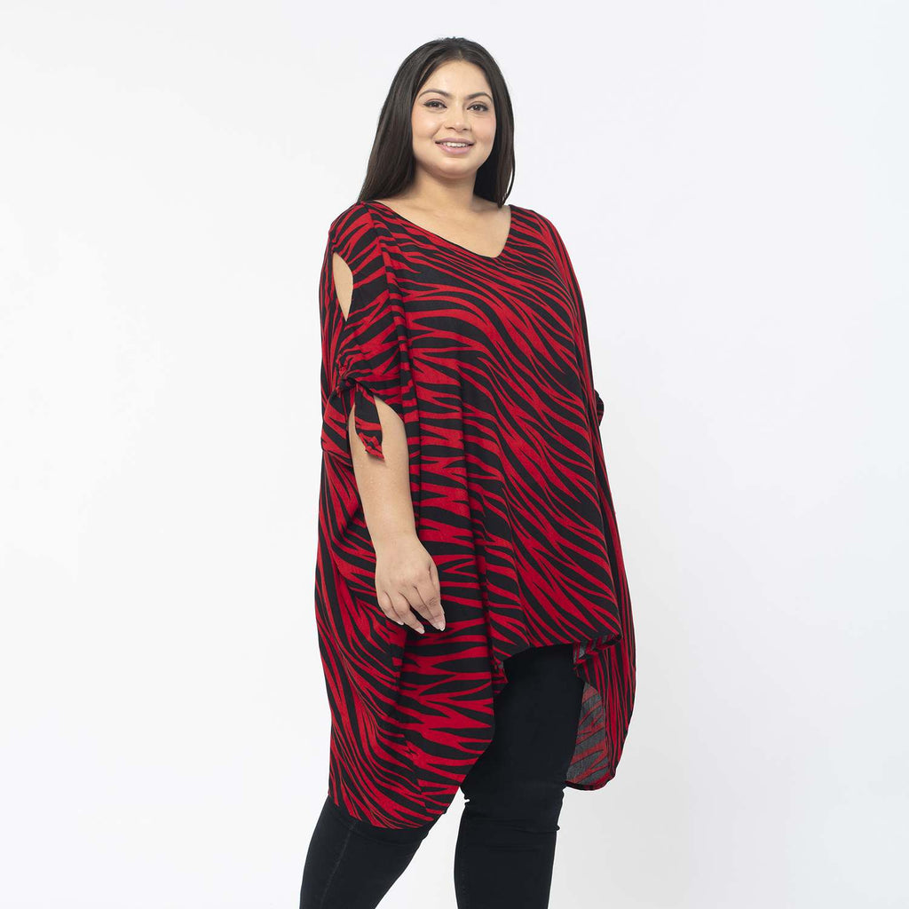 Tamsy 100% Viscose Cold Shoulder Longline Top (One Size,8-18) - Red & Black_7484967_3
