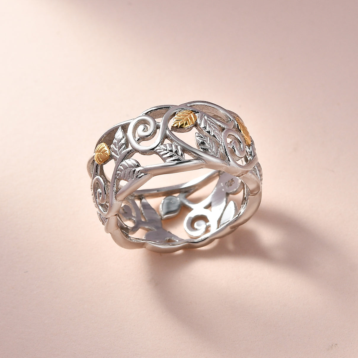 Filigree Leaf Ring in Sterling Silver with Platinum and 18K Vermeil Yellow Gold V32515422 2
