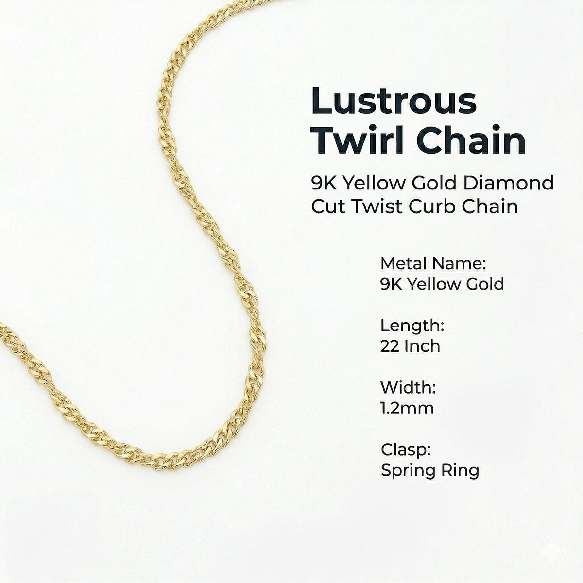 9K Yellow Gold Diamond Cut Twist Curb Chain 22 Inch 7488704 7