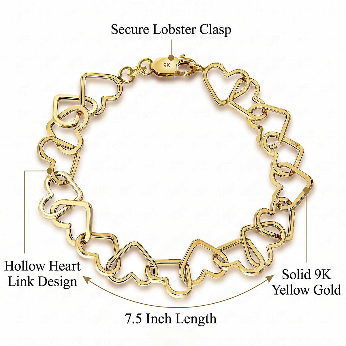 9K Yellow Gold Heart Link Belcher Bracelet 7.5 Inch 7488705 6
