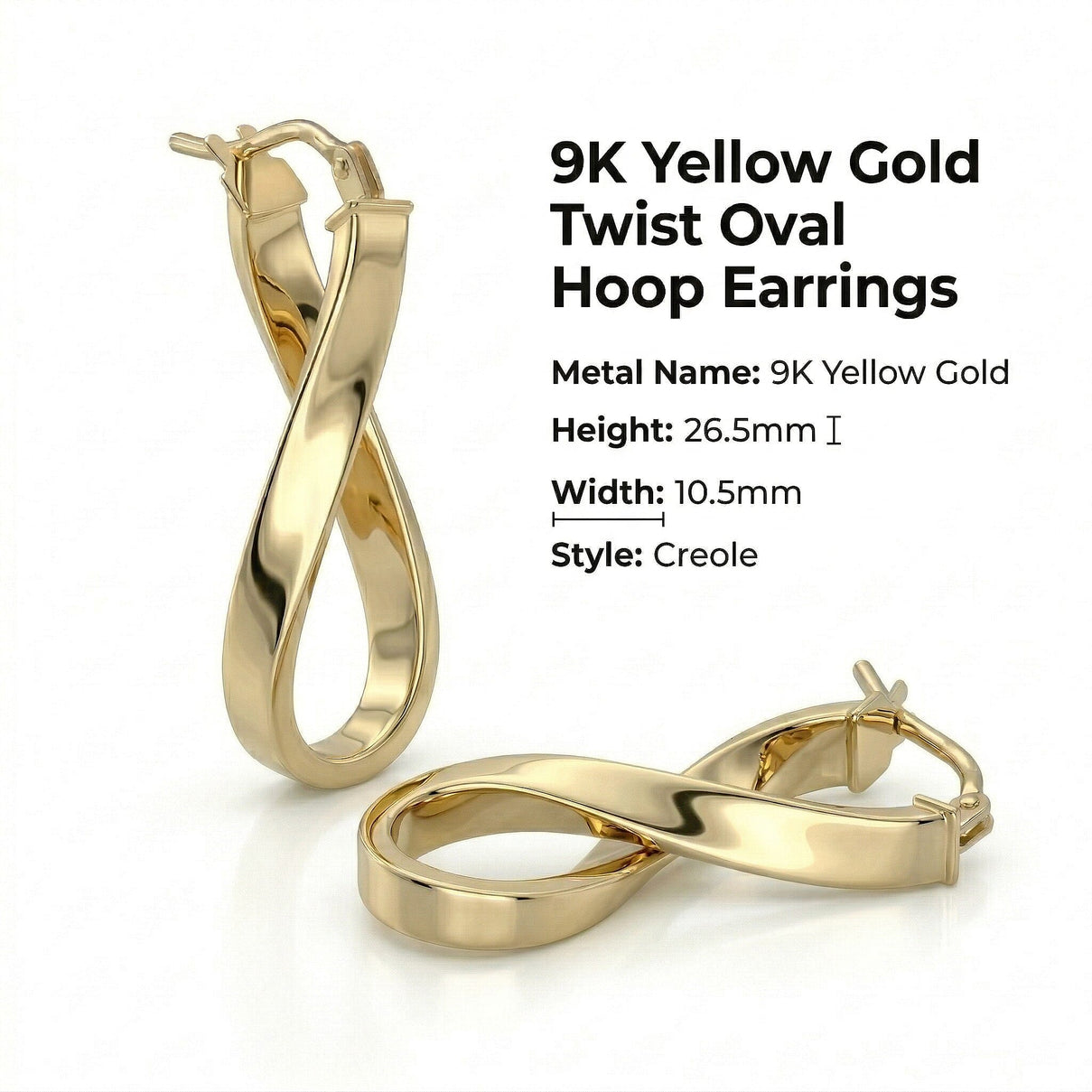 9K Yellow Gold 10.5mm x 26.5mm Twist Oval Hoop Creole Earrings 7488819 6