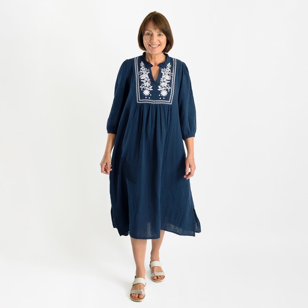 Tamsy 100% Cotton Embroidered 3/4 Sleeves Midi Dress (Size S) - Navy_7489874