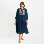 Tamsy 100% Cotton Embroidered 3/4 Sleeves Midi Dress (Size S) - Navy_7489874