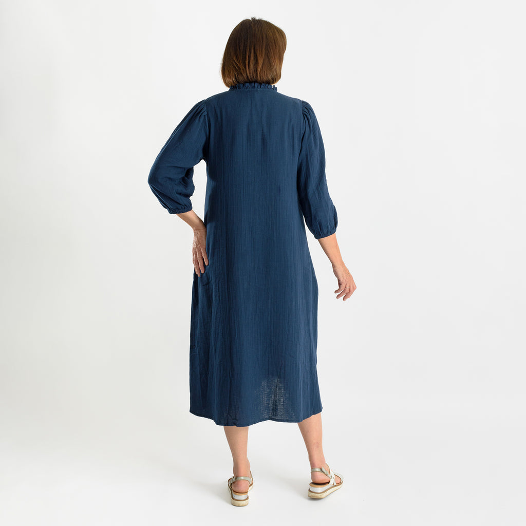 Tamsy 100% Cotton Embroidered 3/4 Sleeves Midi Dress (Size S) - Navy_7489874_2