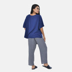 Tamsy 100% Viscose Short Sleeves Top with Check Printed Trousers (Size L,16-18) - Dark Blue_7490039_1