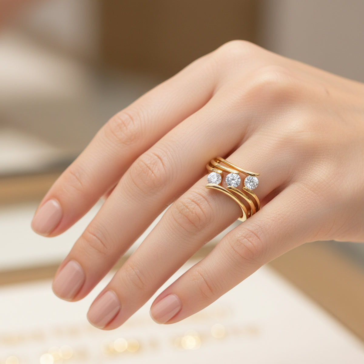 Moissanite Bypass, Trilogy Ring in 18K Yellow Gold Vermeil Sterling Silver 7507832 2