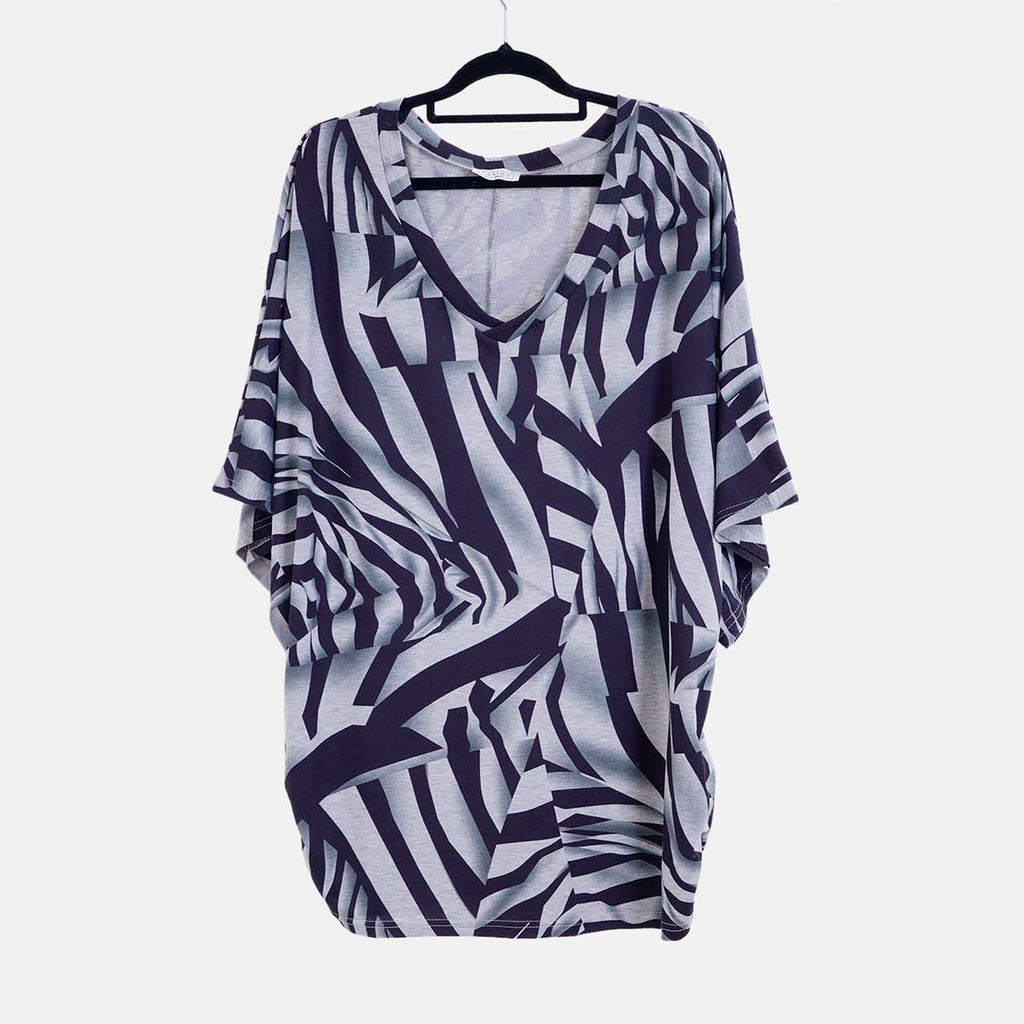 TAMSY Black Boat Neck Black & White Printed Knit Drape Top (One Size,8-22) - Black_7512868_5