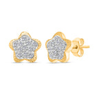 9K Yellow Gold Diamond Floral Stud Earrings 0.15 Ct_7518252