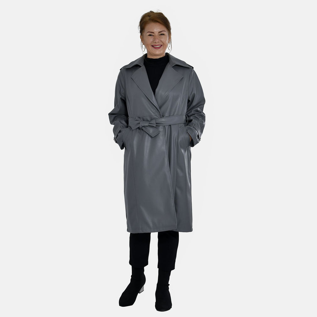Tamsy Faux Leather Belted Long Coat with Adjustable Cuffs (Size XL,20-22) - Dark Grey_7524954