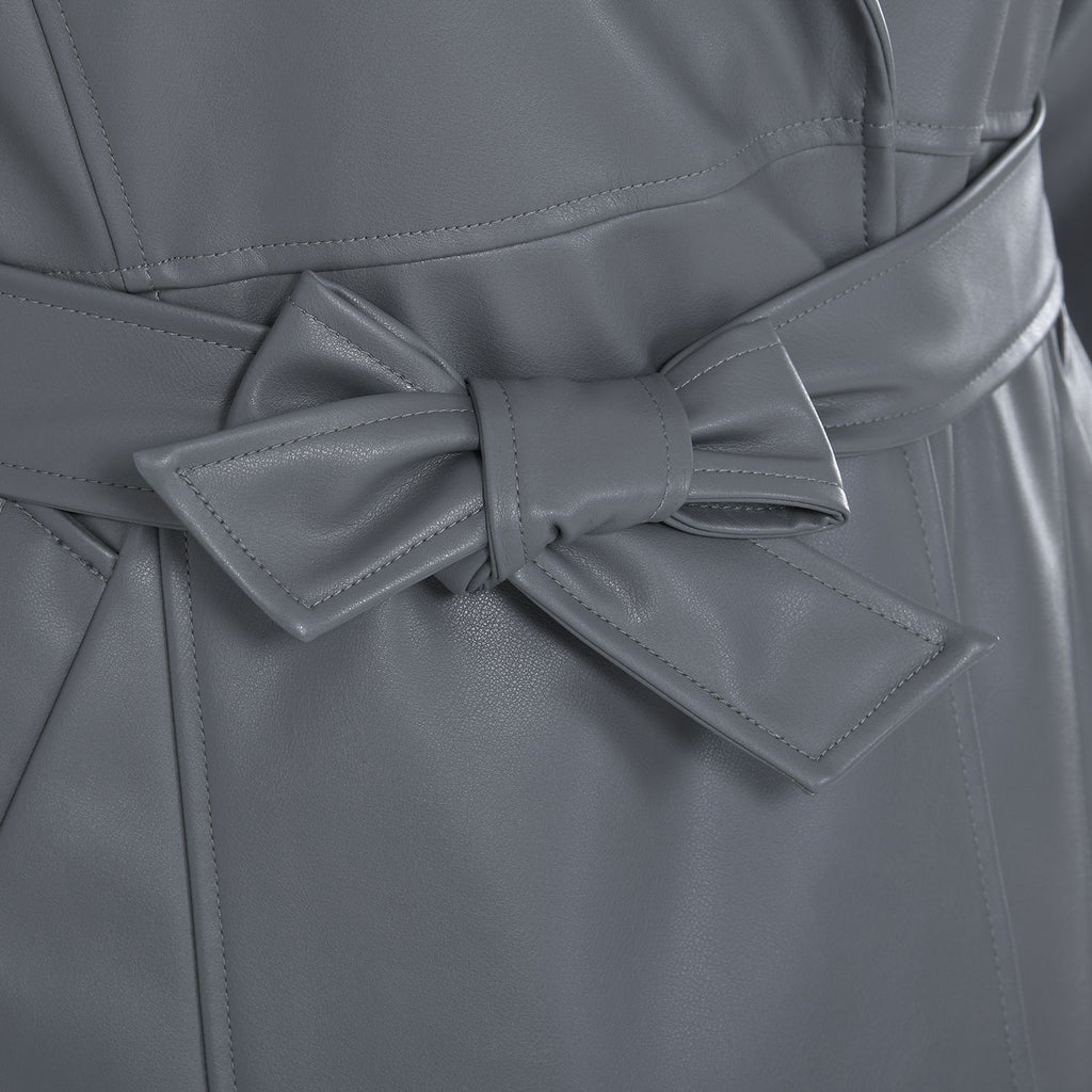 Tamsy Faux Leather Belted Long Coat with Adjustable Cuffs (Size XL,20-22) - Dark Grey_7524954_6