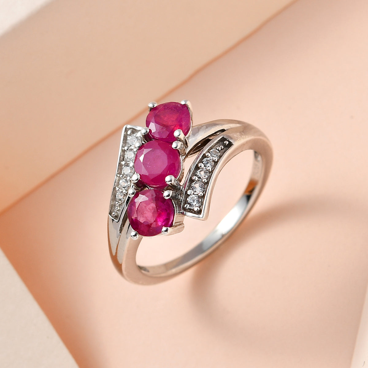 Natural African Ruby and Natural Zircon Bypass Ring in Platinum Overlay Sterling Silver V32512953 1