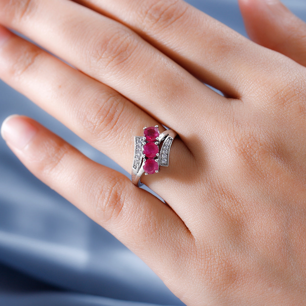 Natural African Ruby and Natural Zircon Bypass Ring in Platinum Overlay Sterling Silver V32512953 2