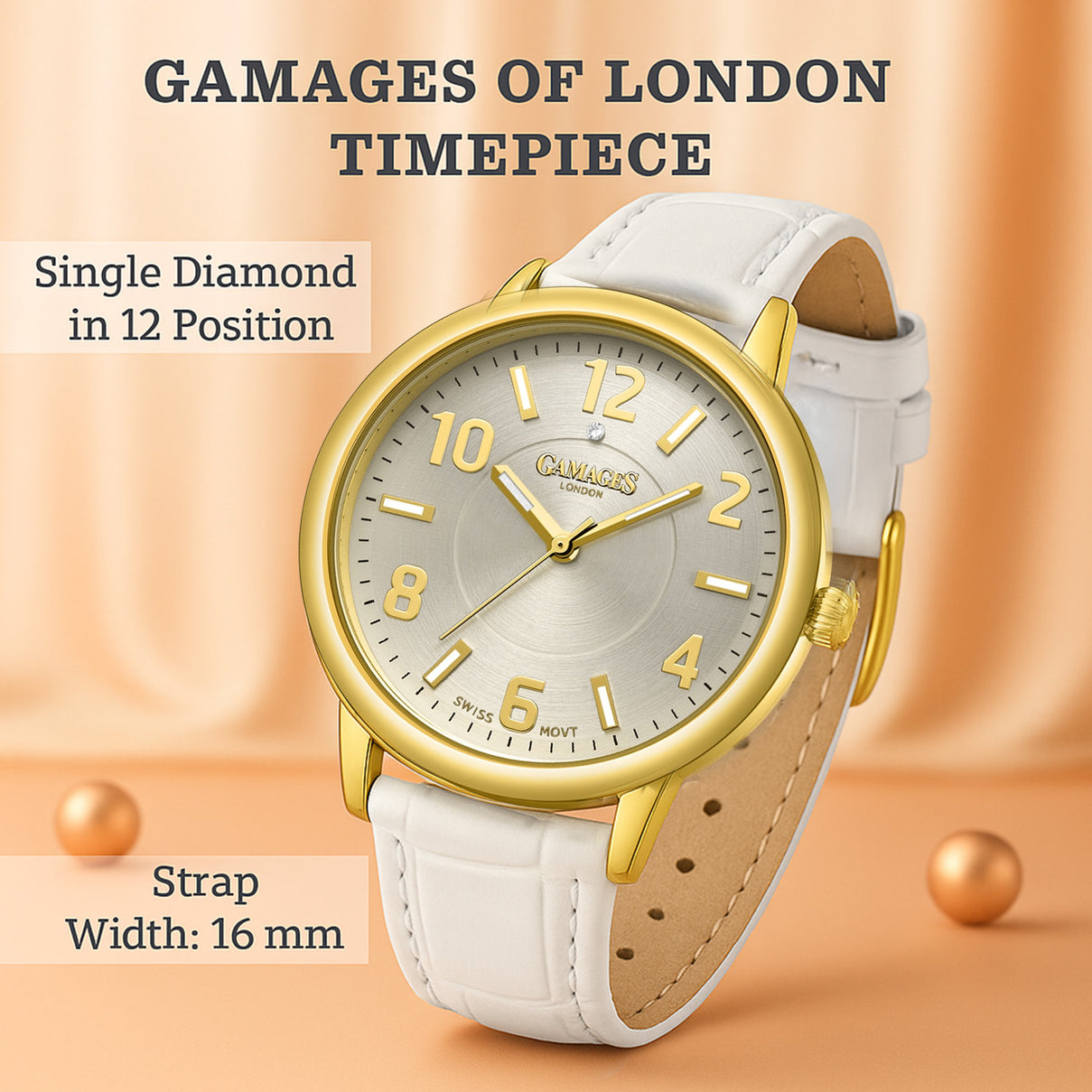 GAMAGES OF LONDON Mantua Diamond Swiss Quartz Movement Water Resistant Ladies Watch with Bone White Leather Strap V32519668 1