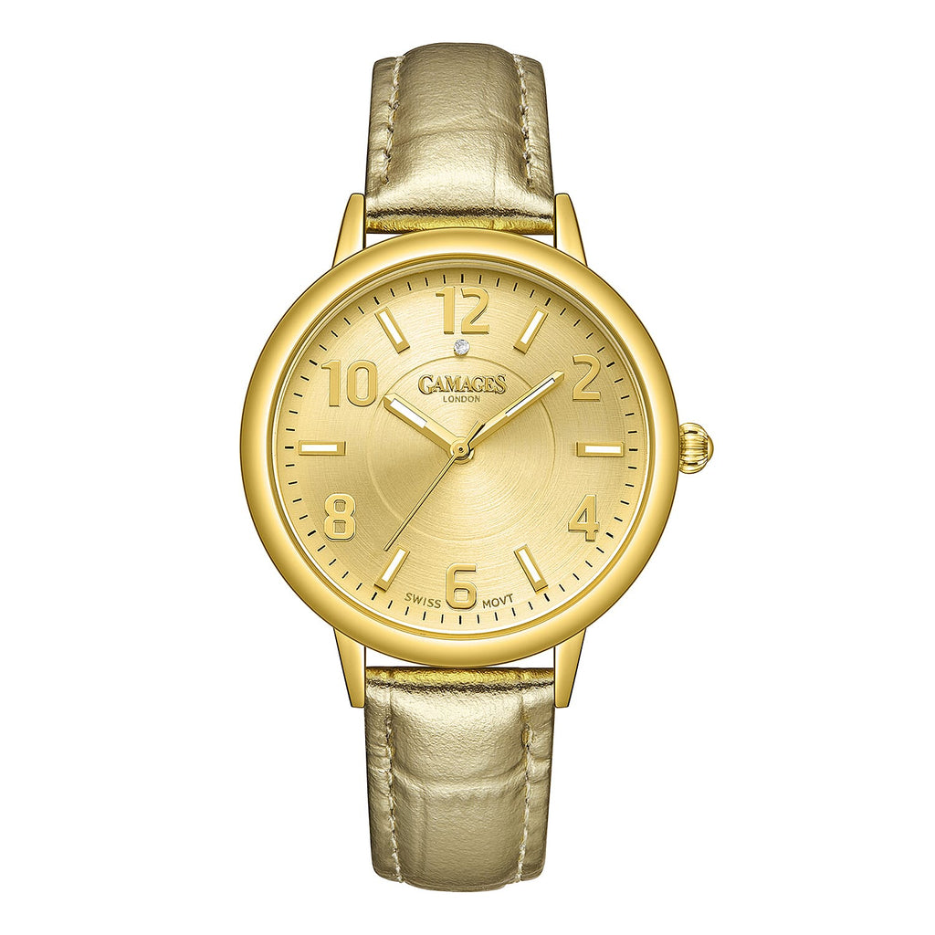 GAMAGES OF LONDON Mantua Diamond Swiss Quartz Movement Water Resistant Ladies Watch with Gold Leather Strap_7544839