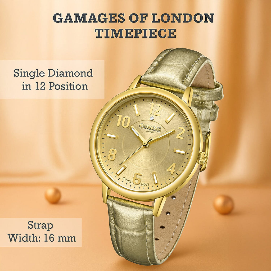 GAMAGES OF LONDON Mantua Diamond Swiss Quartz Movement Water Resistant Ladies Watch with Gold Leather Strap_7544839_1