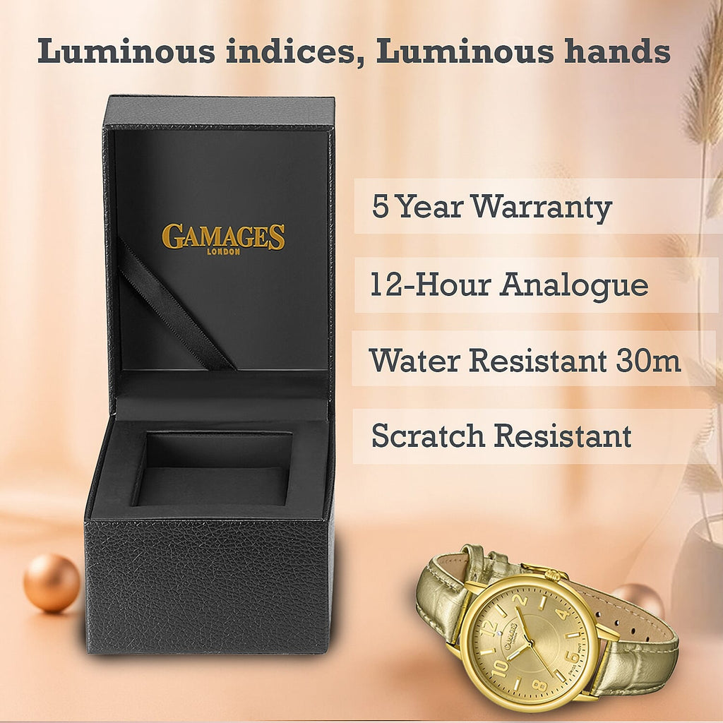 GAMAGES OF LONDON Mantua Diamond Swiss Quartz Movement Water Resistant Ladies Watch with Gold Leather Strap_7544839_2