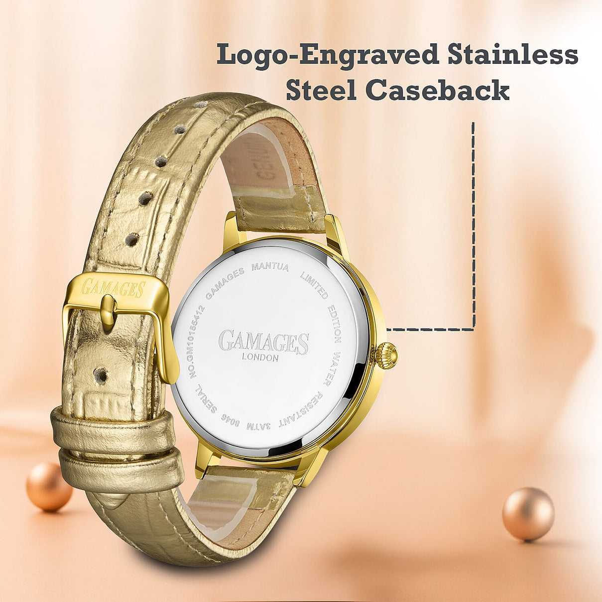 GAMAGES OF LONDON Mantua Diamond Swiss Quartz Movement Water Resistant Ladies Watch with Gold Leather Strap V32539854 3
