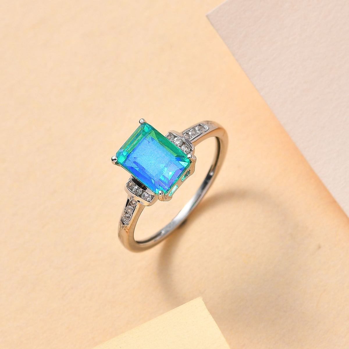 Peacock Triplet Quartz &amp; Natural Zircon Ring in Platinum Overlay Sterling Silver 2.32 Ct. V32519479 2