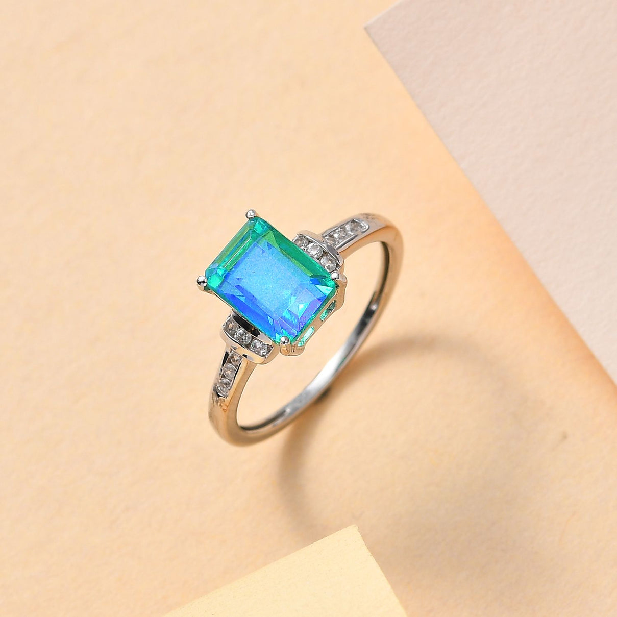 Peacock Triplet Quartz &amp; Natural Zircon Ring in Platinum Overlay Sterling Silver 2.28 Ct. V32516174 1