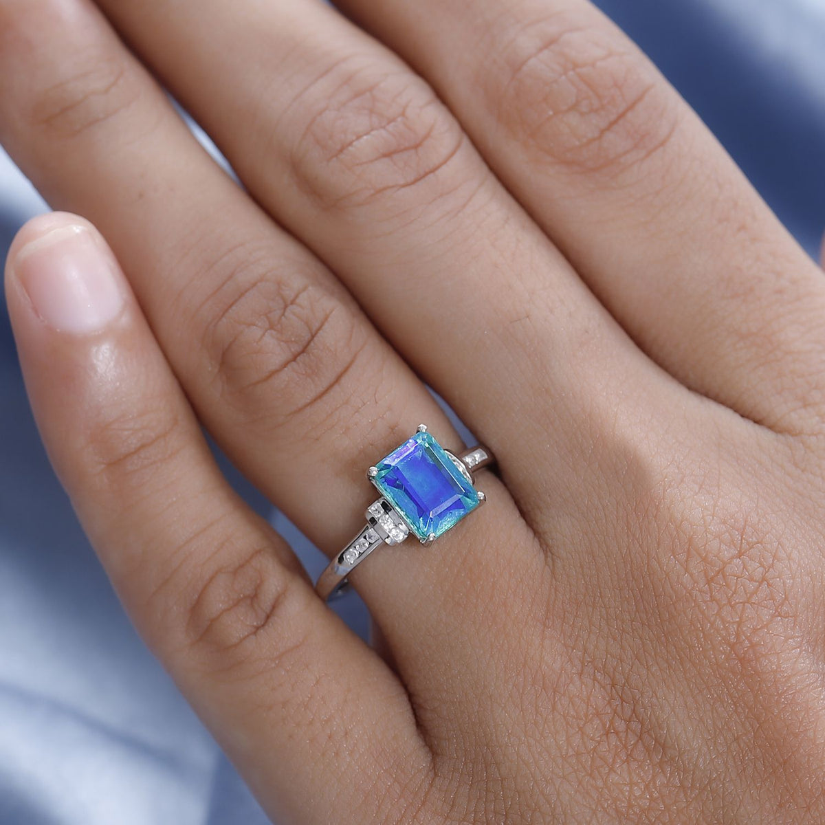 Peacock Triplet Quartz &amp; Natural Zircon Ring in Platinum Overlay Sterling Silver 2.28 Ct. V32516174 2