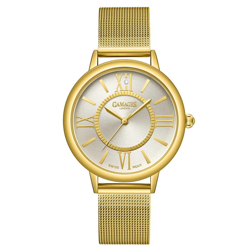 Gamages Of London Ladies Baroness Swiss Quartz Movement White Dial Diamond Stud Water Resistant Watch with Gold Mesh Bracelet_7548377