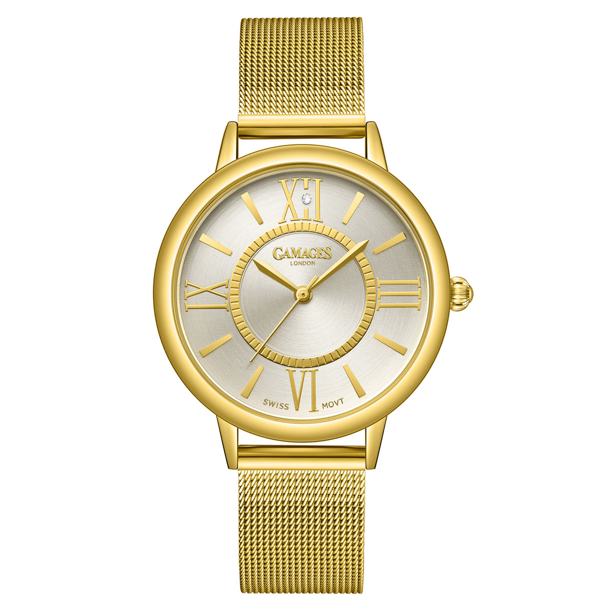 Gamages Of London Ladies Baroness Swiss Quartz Movement White Dial Diamond Stud Water Resistant Watch with Gold Mesh Bracelet V32632906 0